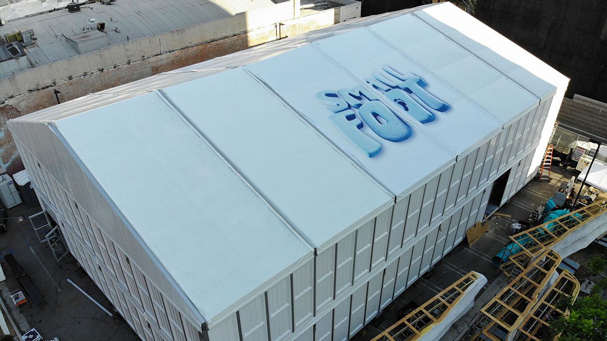 aerial of double decker branded tent